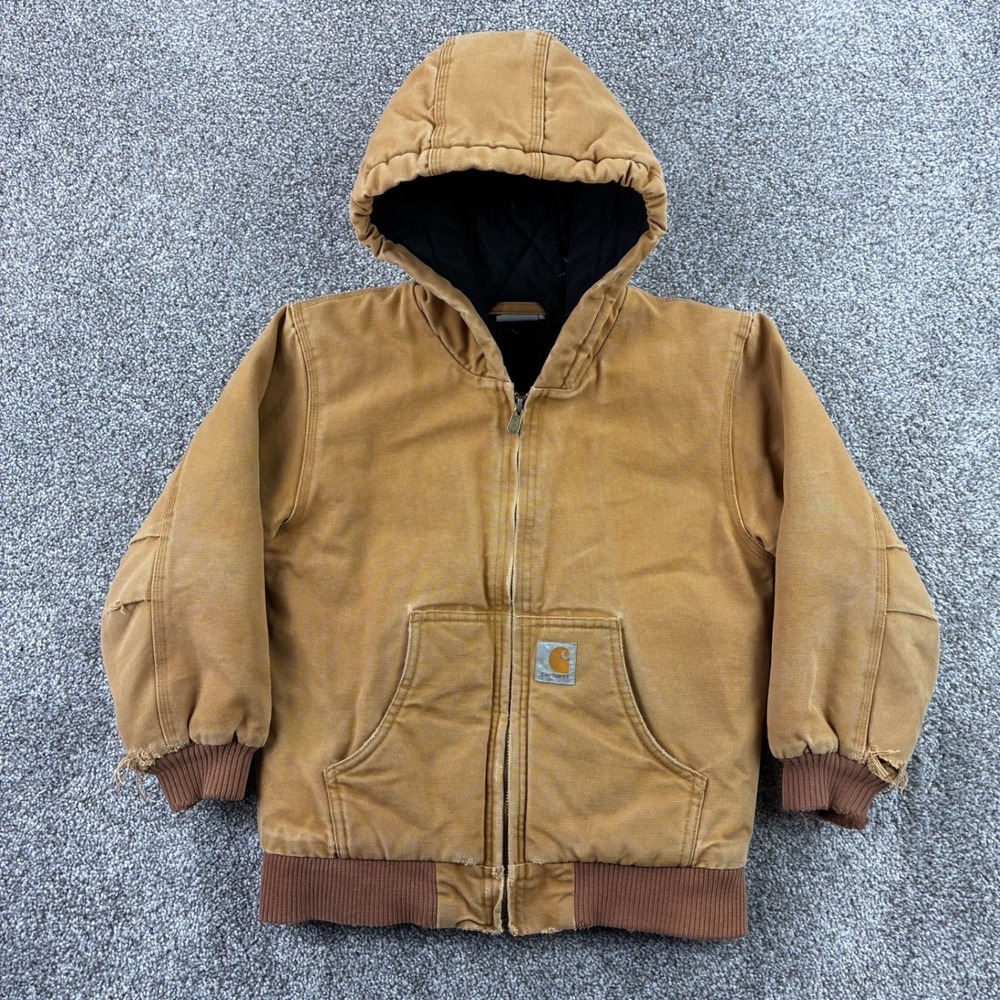 Carhartt Canvas Jacket Youth Kids Small Brown Quilted Lined Active Hooded